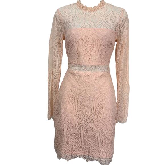 Lulus Appetite For Seduction Illusion Blush Pink Long Sleeve Lace Mini Dress XS - Picture 1 of 16